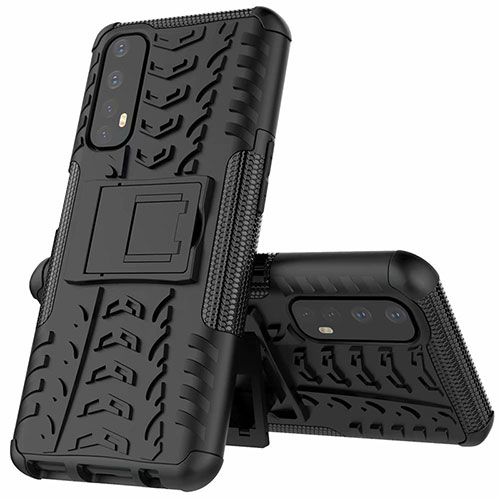 Silicone Matte Finish and Plastic Back Cover Case with Stand A01 for Realme 7 Black