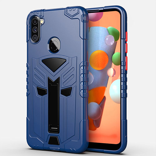 Silicone Matte Finish and Plastic Back Cover Case with Stand A01 for Samsung Galaxy A11 Blue