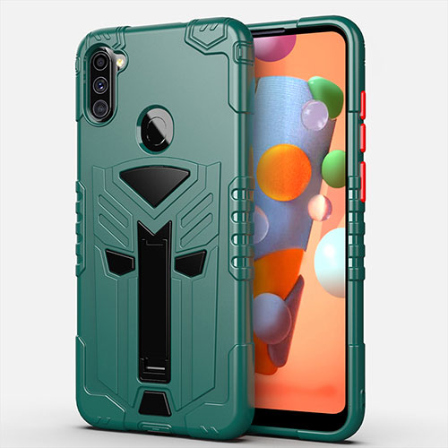 Silicone Matte Finish and Plastic Back Cover Case with Stand A01 for Samsung Galaxy A11 Green