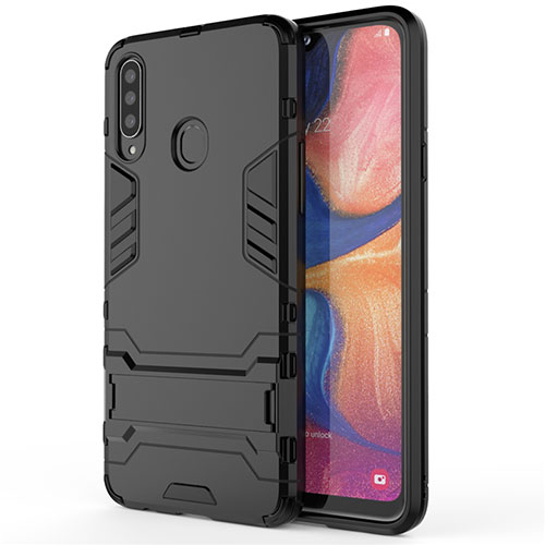 Silicone Matte Finish and Plastic Back Cover Case with Stand A01 for Samsung Galaxy A20s Black