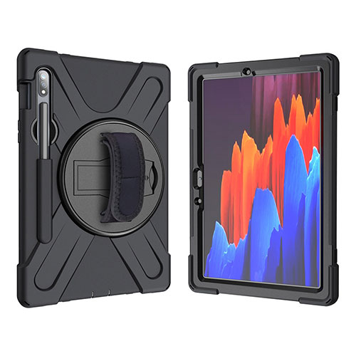 Silicone Matte Finish and Plastic Back Cover Case with Stand A01 for Samsung Galaxy Tab S7 11 Wi-Fi SM-T870 Black