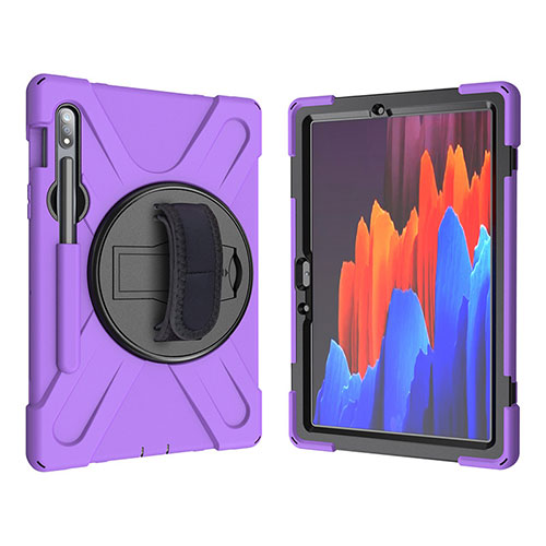 Silicone Matte Finish and Plastic Back Cover Case with Stand A01 for Samsung Galaxy Tab S7 4G 11 SM-T875 Purple