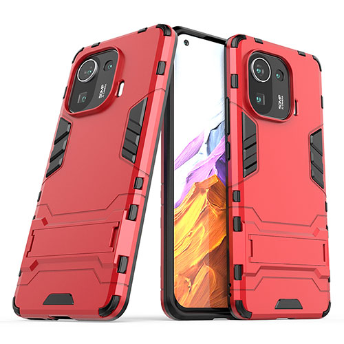 Silicone Matte Finish and Plastic Back Cover Case with Stand A01 for Xiaomi Mi 11 Pro 5G Red