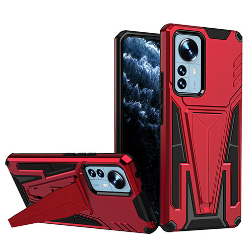 Silicone Matte Finish and Plastic Back Cover Case with Stand A02 for Xiaomi Mi 12 5G Red