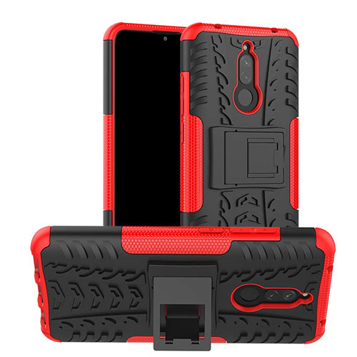 Silicone Matte Finish and Plastic Back Cover Case with Stand A02 for Xiaomi Redmi 8 Red