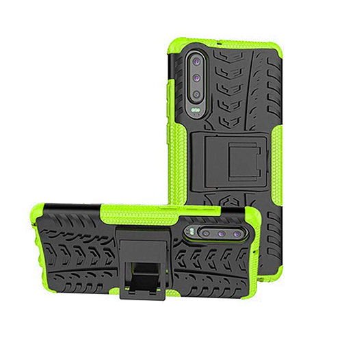 Silicone Matte Finish and Plastic Back Cover Case with Stand A03 for Huawei P30 Green