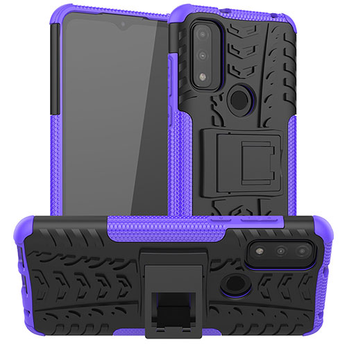 Silicone Matte Finish and Plastic Back Cover Case with Stand A03 for Motorola Moto G Pure Purple