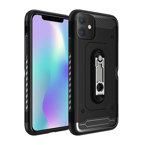 Silicone Matte Finish and Plastic Back Cover Case with Stand A04 for Apple iPhone 11 Black