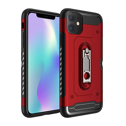 Silicone Matte Finish and Plastic Back Cover Case with Stand A04 for Apple iPhone 11 Red