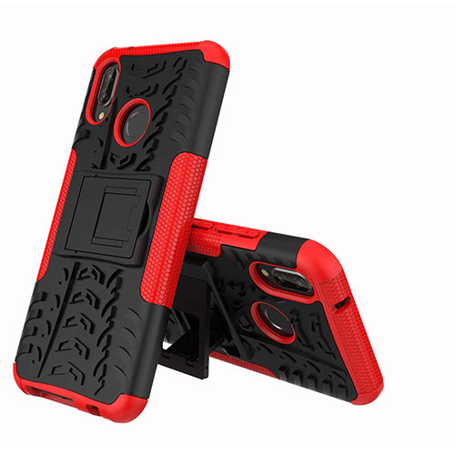 Silicone Matte Finish and Plastic Back Cover Case with Stand A04 for Huawei P20 Lite Red