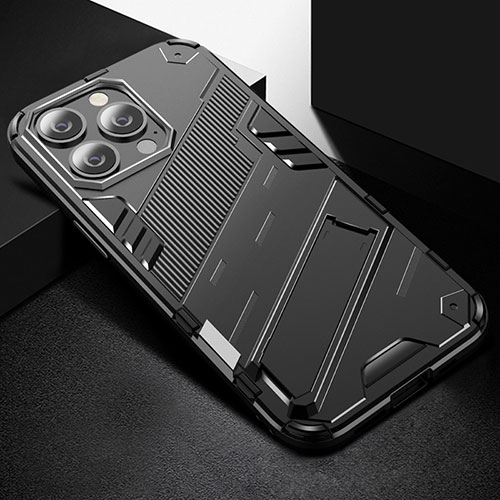 Silicone Matte Finish and Plastic Back Cover Case with Stand A05 for Apple iPhone 15 Pro Black