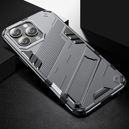 Silicone Matte Finish and Plastic Back Cover Case with Stand A05 for Apple iPhone 15 Pro Gray