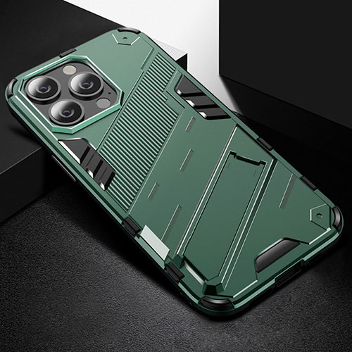 Silicone Matte Finish and Plastic Back Cover Case with Stand A05 for Apple iPhone 15 Pro Green