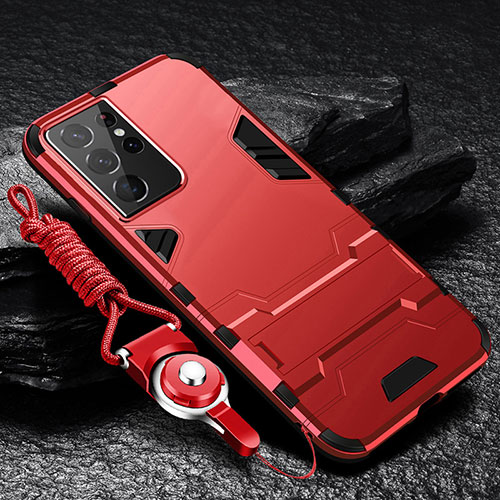 Silicone Matte Finish and Plastic Back Cover Case with Stand A05 for Samsung Galaxy S21 Ultra 5G Red