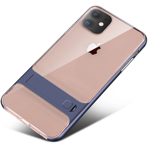 Silicone Matte Finish and Plastic Back Cover Case with Stand A06 for Apple iPhone 11 Blue