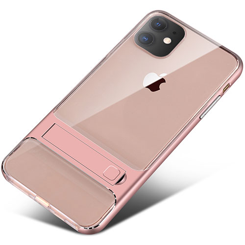 Silicone Matte Finish and Plastic Back Cover Case with Stand A06 for Apple iPhone 11 Rose Gold