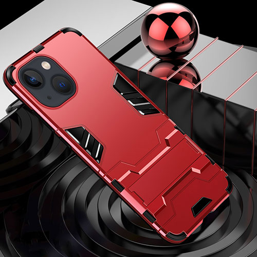 Silicone Matte Finish and Plastic Back Cover Case with Stand A06 for Apple iPhone 15 Red