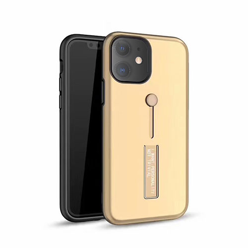 Silicone Matte Finish and Plastic Back Cover Case with Stand A07 for Apple iPhone 11 Gold