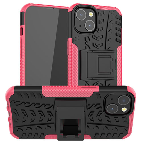 Silicone Matte Finish and Plastic Back Cover Case with Stand A07 for Apple iPhone 14 Plus Hot Pink