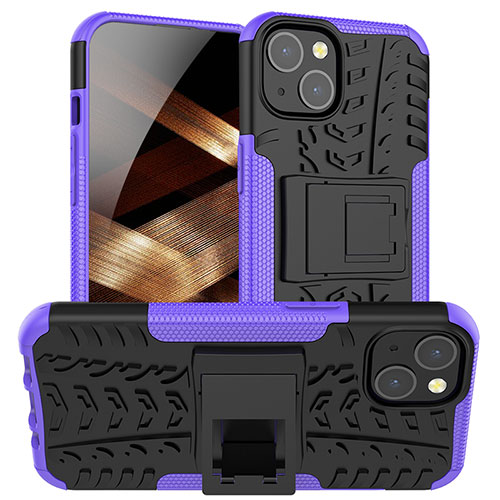 Silicone Matte Finish and Plastic Back Cover Case with Stand A07 for Apple iPhone 15 Plus Purple