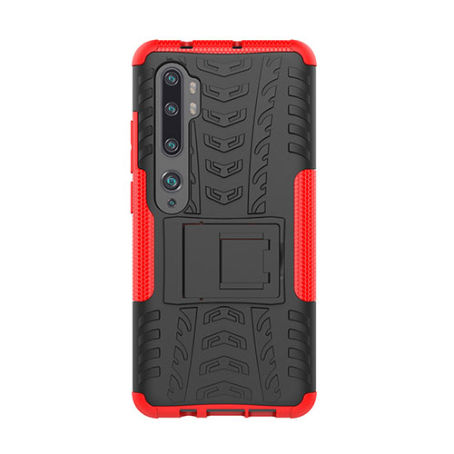 Silicone Matte Finish and Plastic Back Cover Case with Stand D01 for Xiaomi Mi Note 10 Pro Red