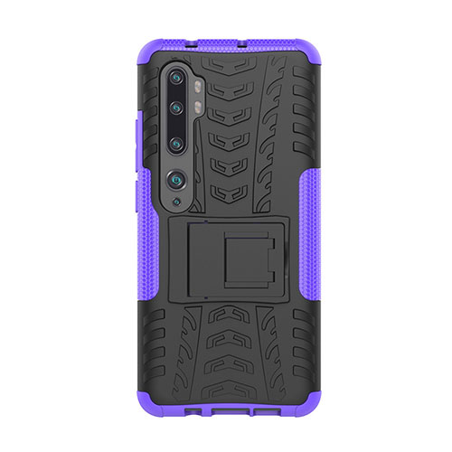 Silicone Matte Finish and Plastic Back Cover Case with Stand D01 for Xiaomi Mi Note 10 Purple