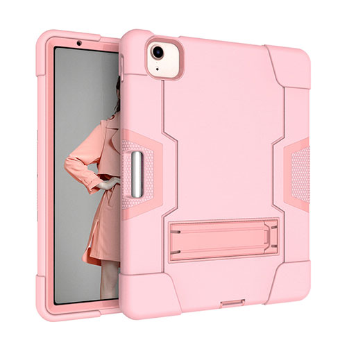 Silicone Matte Finish and Plastic Back Cover Case with Stand for Apple iPad Air 5 10.9 (2022) Pink