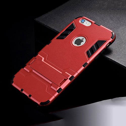 Silicone Matte Finish and Plastic Back Cover Case with Stand for Apple iPhone 6S Plus Red