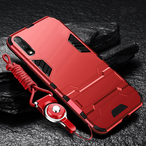 Silicone Matte Finish and Plastic Back Cover Case with Stand for Huawei Enjoy 10 Red