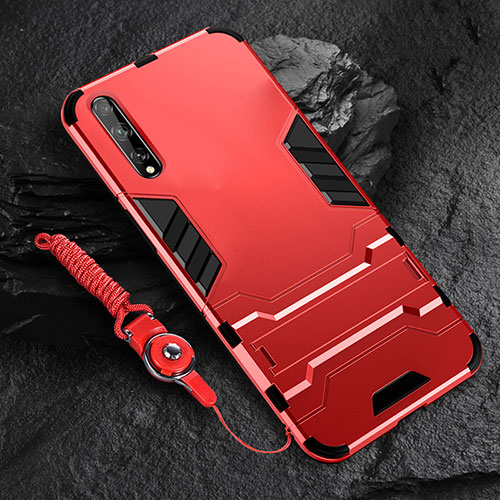 Silicone Matte Finish and Plastic Back Cover Case with Stand for Huawei Enjoy 10S Red