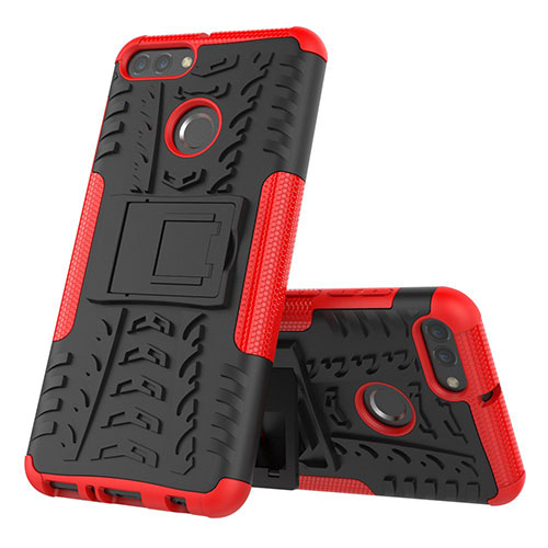 Silicone Matte Finish and Plastic Back Cover Case with Stand for Huawei Enjoy 8 Plus Red