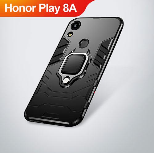 Silicone Matte Finish and Plastic Back Cover Case with Stand for Huawei Honor Play 8A Black