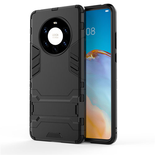 Silicone Matte Finish and Plastic Back Cover Case with Stand for Huawei Mate 40 Pro+ Plus Black