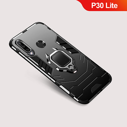 Silicone Matte Finish and Plastic Back Cover Case with Stand for Huawei P30 Lite XL Black