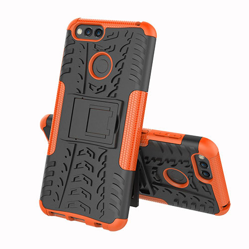 Silicone Matte Finish and Plastic Back Cover Case with Stand for Huawei Y6 (2018) Orange