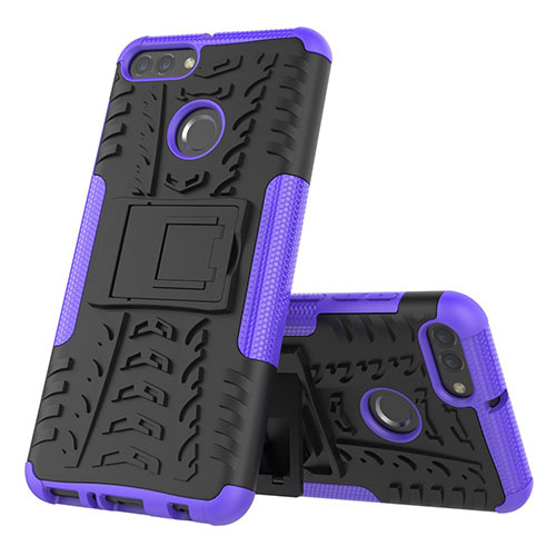 Silicone Matte Finish and Plastic Back Cover Case with Stand for Huawei Y9 (2018) Purple