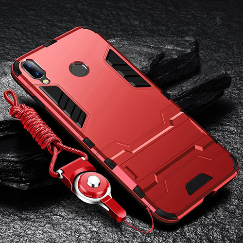 Silicone Matte Finish and Plastic Back Cover Case with Stand for Huawei Y9 (2019) Red