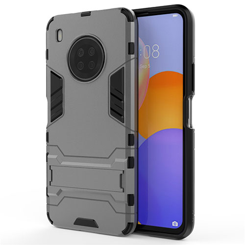 Silicone Matte Finish and Plastic Back Cover Case with Stand for Huawei Y9a Gray