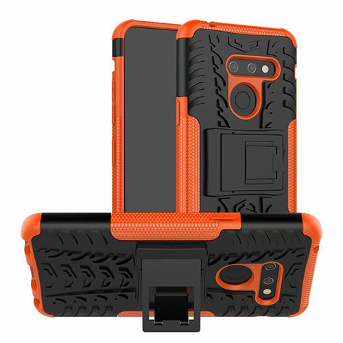 Silicone Matte Finish and Plastic Back Cover Case with Stand for LG G8 ThinQ Orange