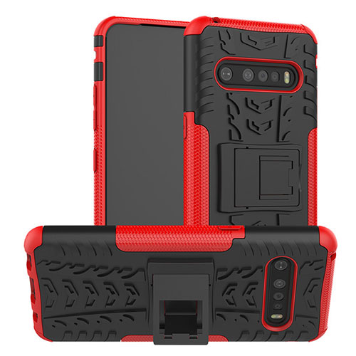 Silicone Matte Finish and Plastic Back Cover Case with Stand for LG V60 ThinQ 5G Red