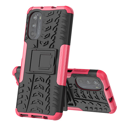 Silicone Matte Finish and Plastic Back Cover Case with Stand for Motorola Moto Edge (2022) 5G Hot Pink