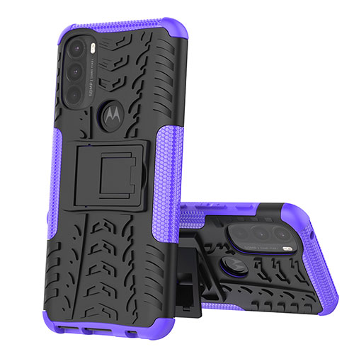 Silicone Matte Finish and Plastic Back Cover Case with Stand for Motorola Moto G71 5G Purple