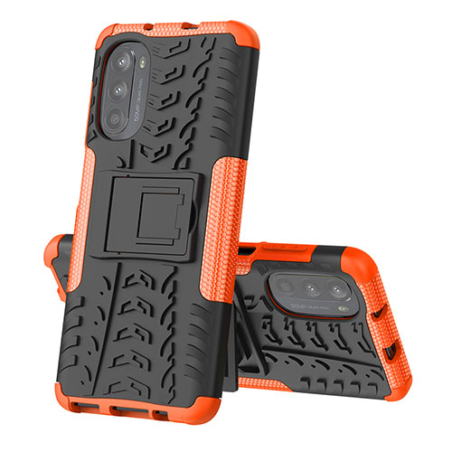 Silicone Matte Finish and Plastic Back Cover Case with Stand for Motorola Moto G82 5G Orange