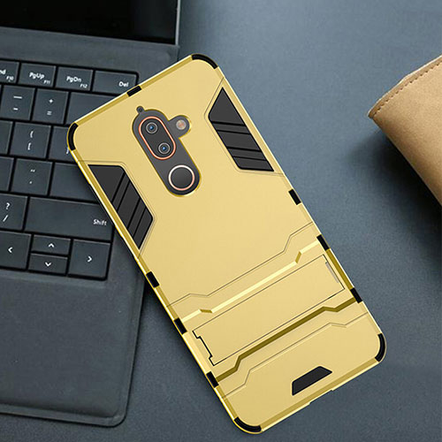 Silicone Matte Finish and Plastic Back Cover Case with Stand for Nokia 7 Plus Gold