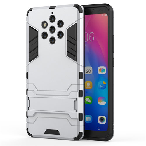 Silicone Matte Finish and Plastic Back Cover Case with Stand for Nokia 9 PureView White