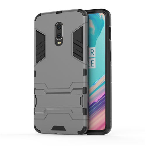 Silicone Matte Finish and Plastic Back Cover Case with Stand for OnePlus 7 Gray