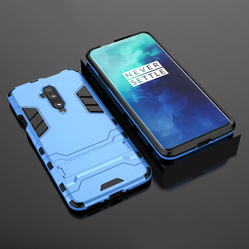 Silicone Matte Finish and Plastic Back Cover Case with Stand for OnePlus 7T Pro 5G Sky Blue