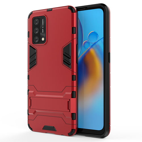 Silicone Matte Finish and Plastic Back Cover Case with Stand for Oppo A74 4G Red