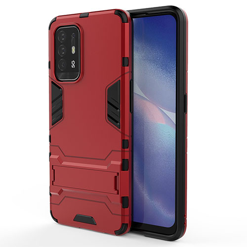 Silicone Matte Finish and Plastic Back Cover Case with Stand for Oppo A94 5G Red