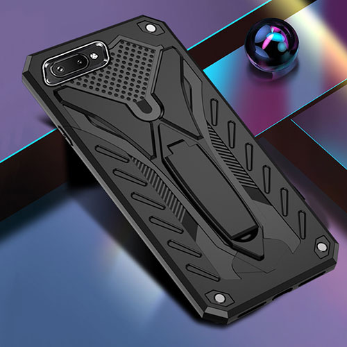 Silicone Matte Finish and Plastic Back Cover Case with Stand for Oppo AX5 Black